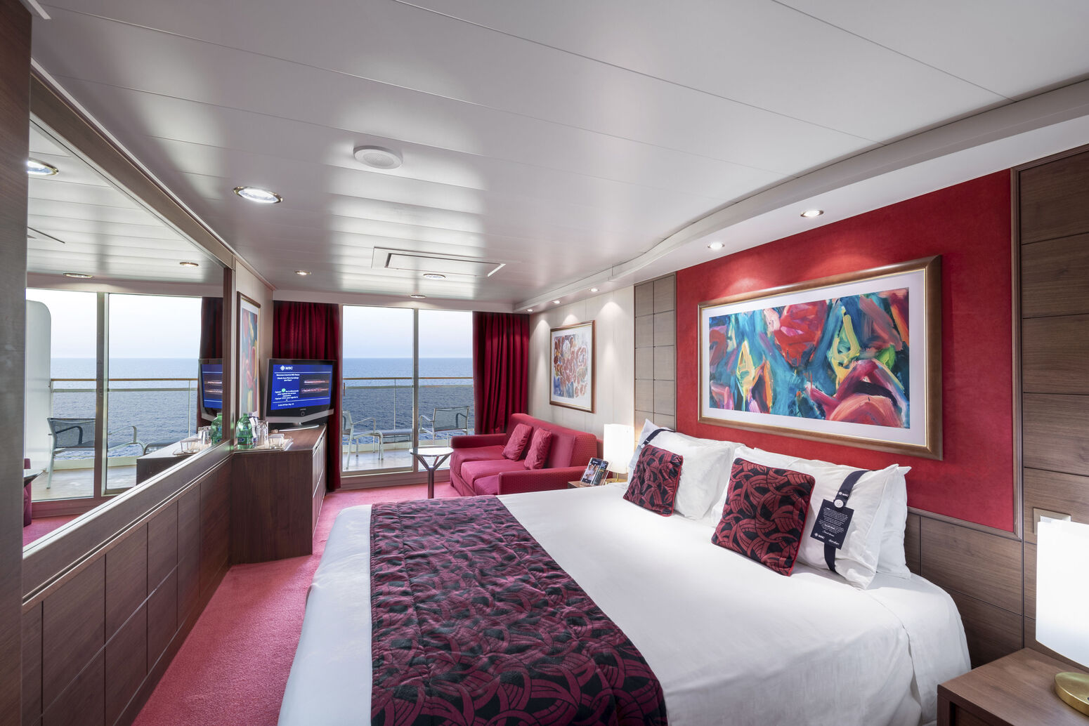 Cabins, Painting, Mirror, Sofa, Table, Writing desk, Television, Balcony, 15009, Fleet, Ship, MSC Musica, Suite, Double bed