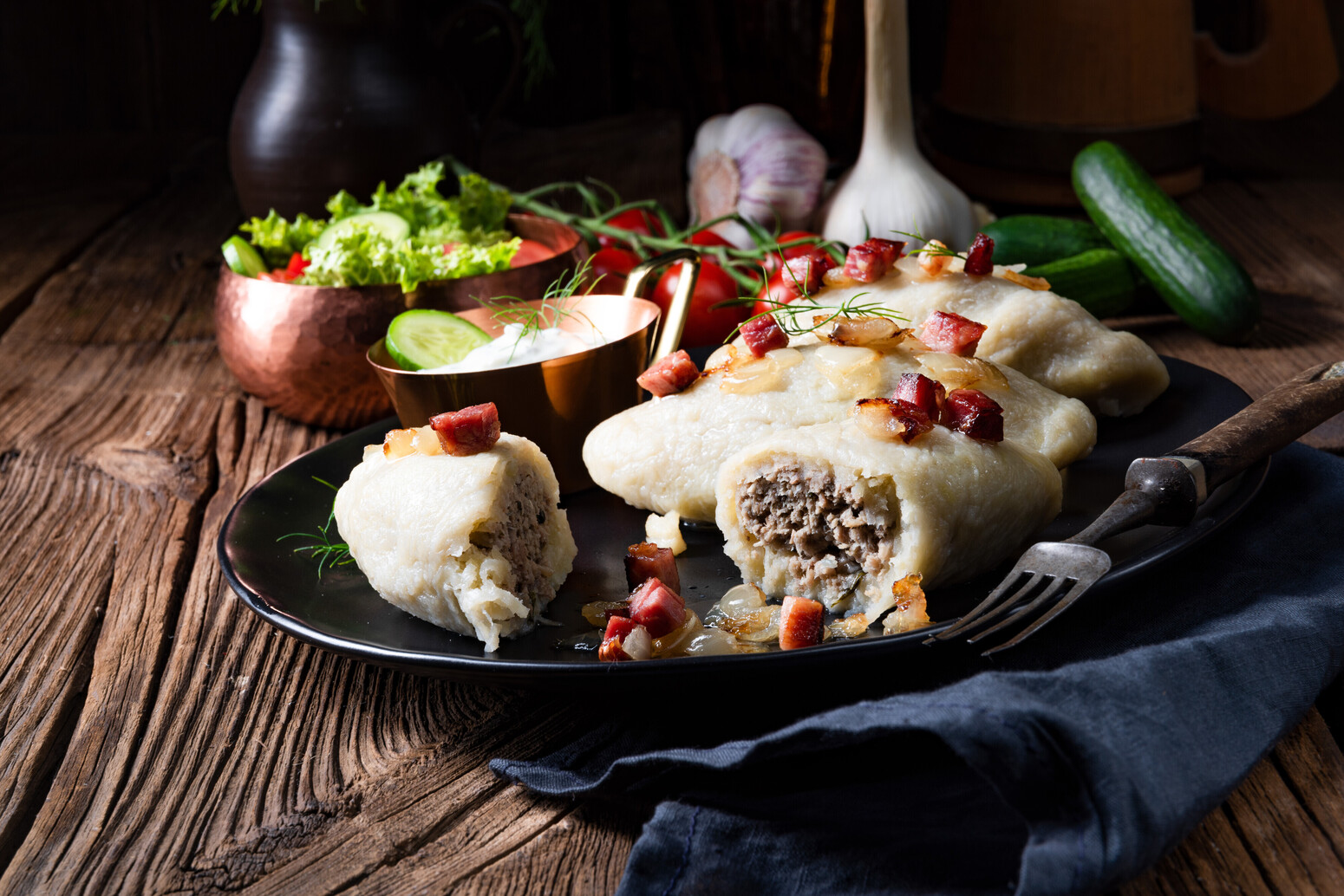 Rustic Cepelinai, a specialty Lithuanian and Polish cuisine.