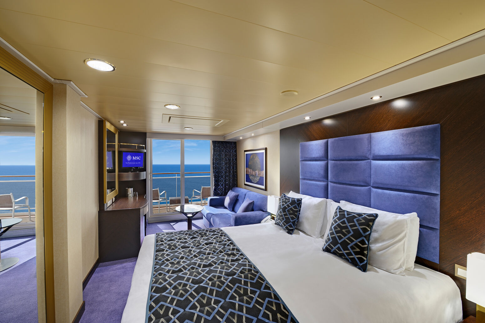 MSC Preziosa, Ship, Balcony cabin, Double bed, Sofa, Balcony, Mirror, Painting, Writing desk, Table, Fantasia Class