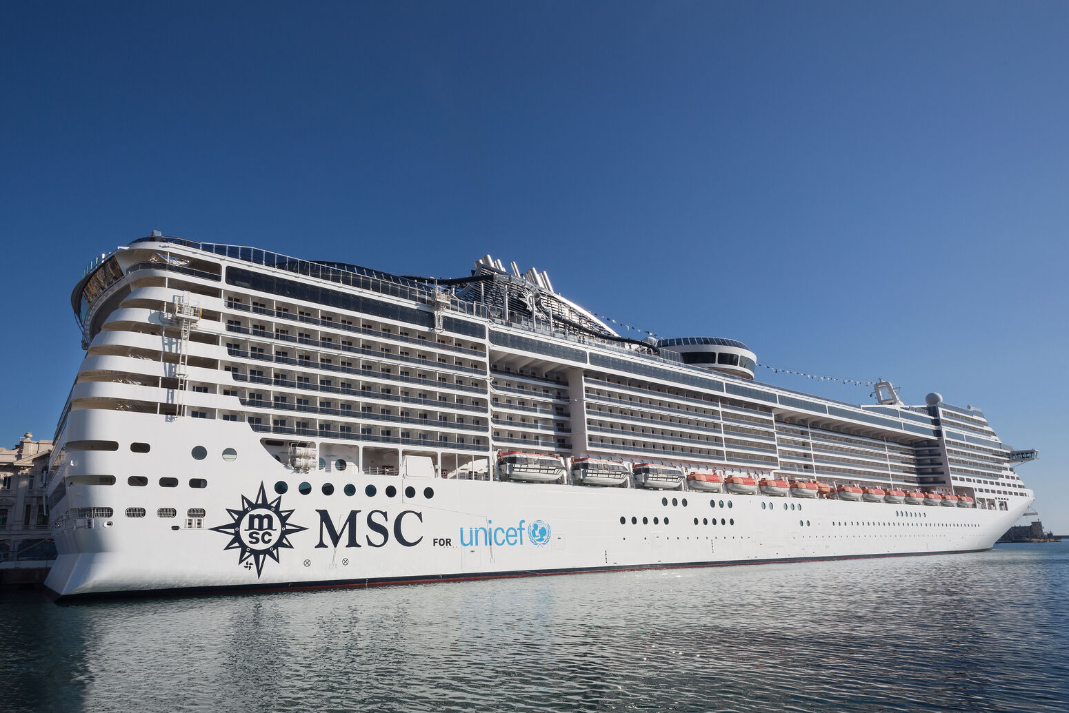 Fleet, Ship, MSC Preziosa, Genoa, Port, Starboard, MSC for UNICEF, Logo