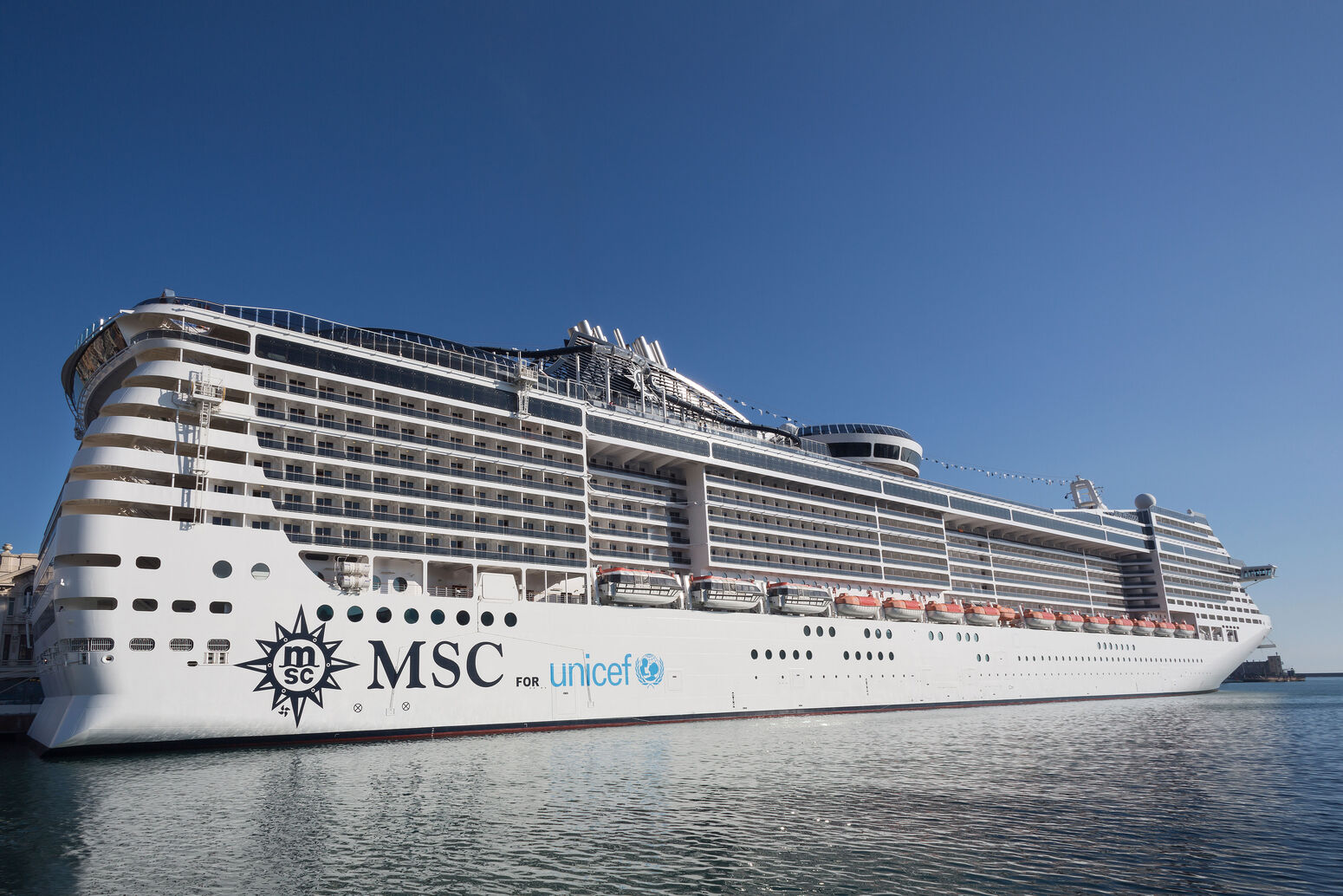 Fleet, Ship, MSC Preziosa, Genoa, Port, Starboard, MSC for UNICEF, Logo