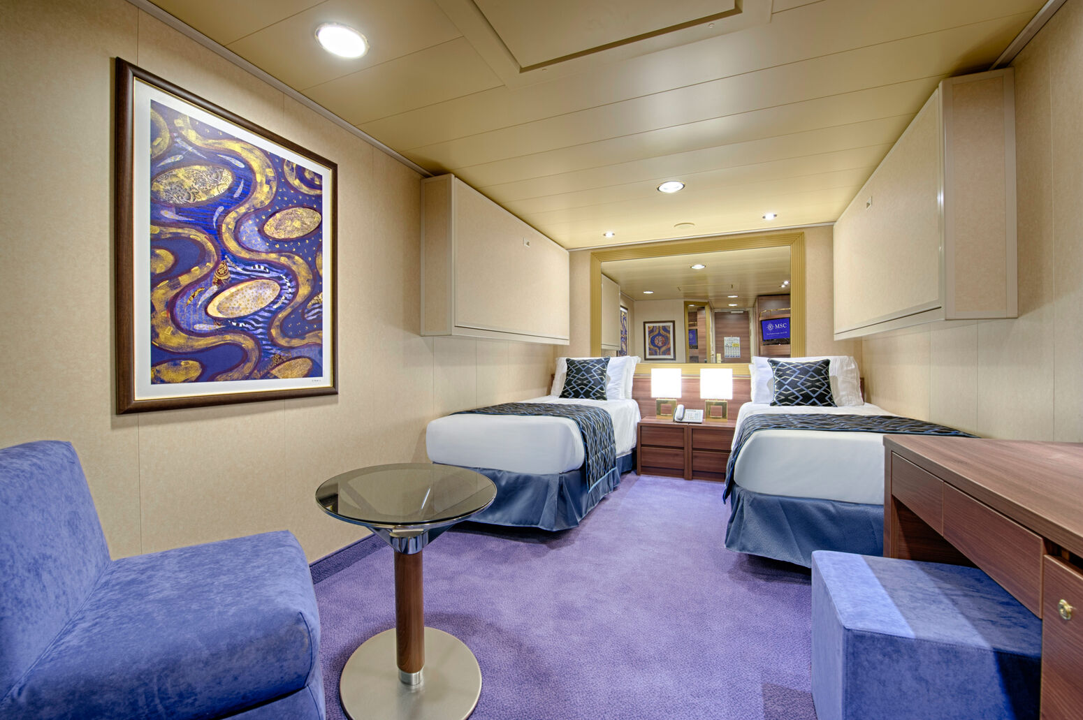 MSC Preziosa, Ship, Inside cabin, Single bed, Sofa, Mirror, Painting, Writing desk, Bunk bed, Armchair, Table, Fantasia Class